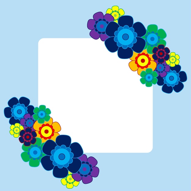 Colored simple flower bouquet on blue background frame with decoration