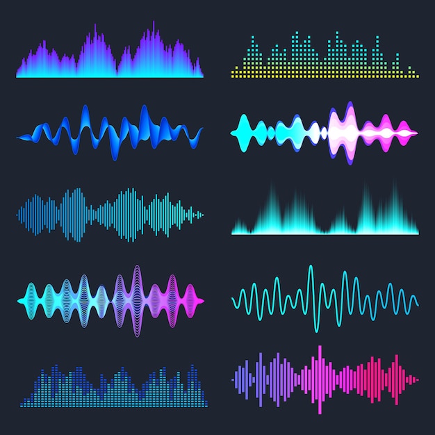 Vector colored sound waves collection analog and digital audio signal music equalizer interference voice