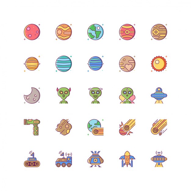 Vector colored space icon set with colorful style filled line isolated