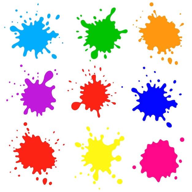 colored splashes of paint set vector illustrations of abstract ink drops and blots with splatters blue red purple yellow green pink orange inkblots 16