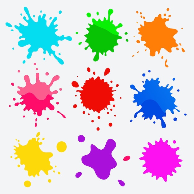 colored splashes of paint set vector illustrations of abstract ink drops and blots with splatters blue red purple yellow green pink orange inkblots 4