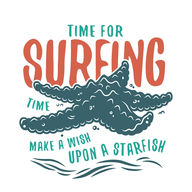 Stampa surf colorata di stelle marine sulla costa per la stampa estiva illustrazione vettoriale design hawaii
