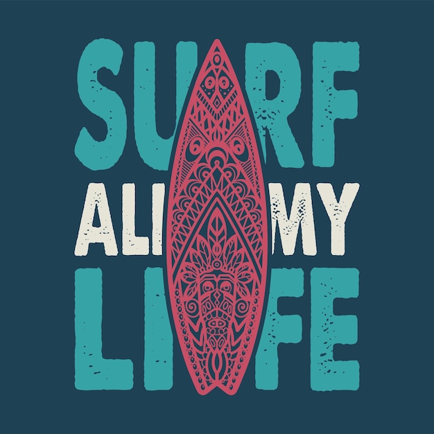 Colored surfing print with ornament at surfboard Vector illustration of board for hawaii design