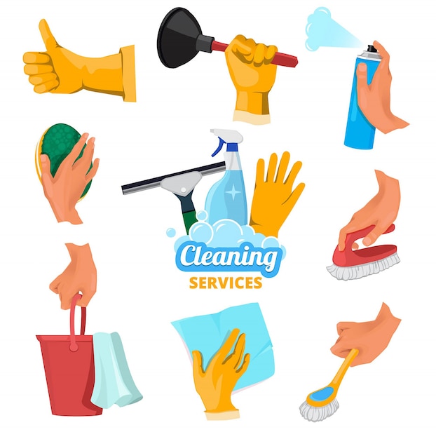 Цветные символы для уборки. Руки держат разные инструменты