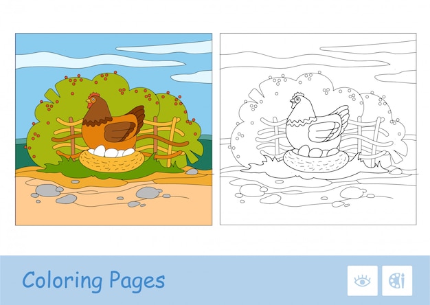 Vector colored template and colorless contour image of brood chicken sitting on eggs in nestle on countryside farm bird yard with garden background. domestic animals preschool kids coloring book.