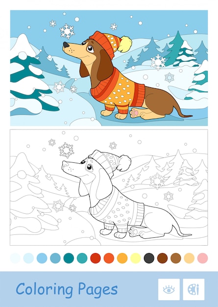 Colored template and colorless contour image of a dog in winter clothes playing with snowflakes on white background. wild animals preschool kids coloring book illustrations and developmental activity.