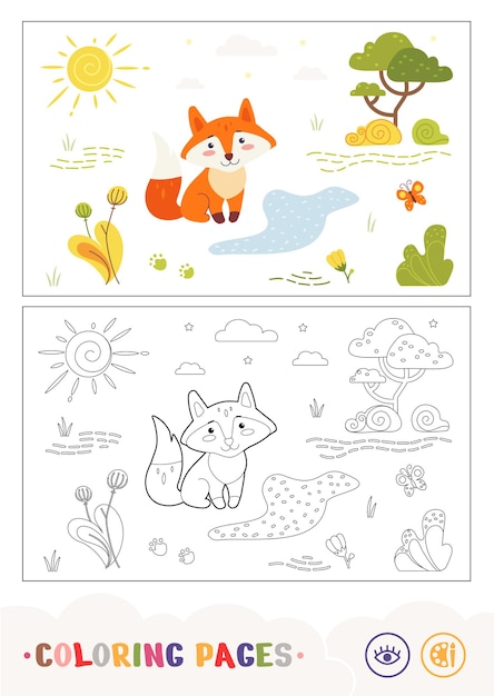 Colored template and colorless contour image of a fox sitting near the forest stream wild animals p