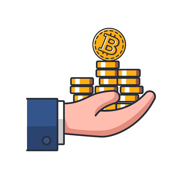 Icona sottile colorata della moneta di criptovaluta in mano illustrazione vettoriale del concetto di affari e finanza