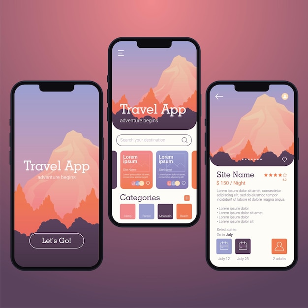 Vettore del modello di mockup dell'interfaccia utente dell'app mobile per viaggi colorati