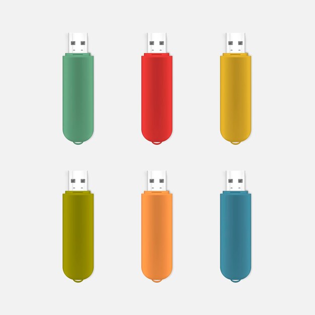 Colored usb flash drive, realistic vector mock-up set