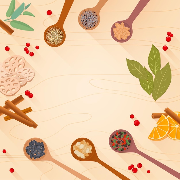 colored various spices, seeds and herbs in wooden spoons on a classic cooking table