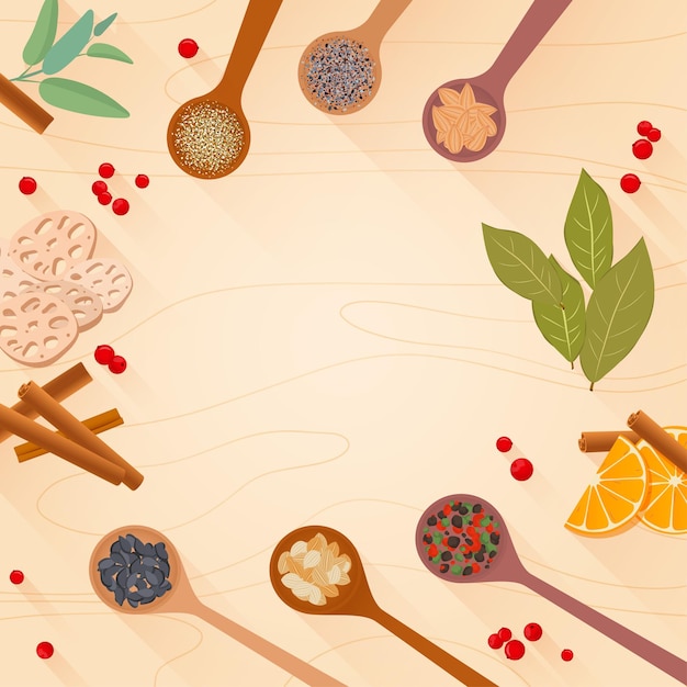 Vector colored various spices, seeds and herbs in wooden spoons on a classic cooking table