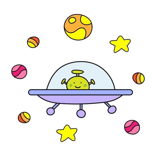 Vector colored vector drawing with an alien on a flying saucer in space