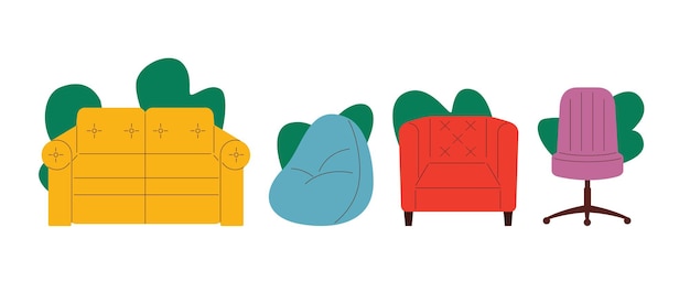 Цветные векторные иллюстрации в плоский набор мебели, изолированные на белом фоне Гостиная коллекция мебели диван кресло компьютерное кресло