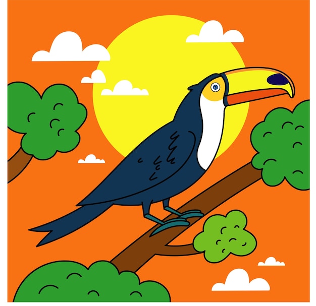 Vector colored, vector illustration of a toucan on an orange tropical forest background