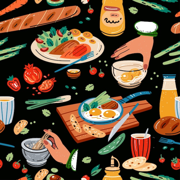 Цветной векторный бесшовный рисунок еды и напитков