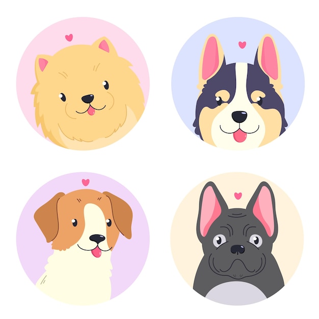 Vector colored vector set featuring illustrations of different dogs spitz corgi jack russell french bul