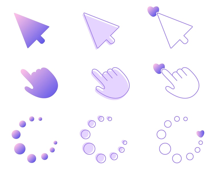 Vector colored vector set with various cursor and loading icons icons in one color and gradient