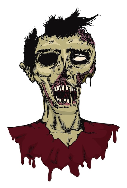 Colored version of a male rotten zombie portrait in hand drawn style