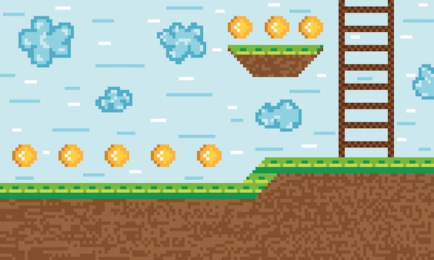 Colored videogame scenary with golden coins and a ladder Vector illustration