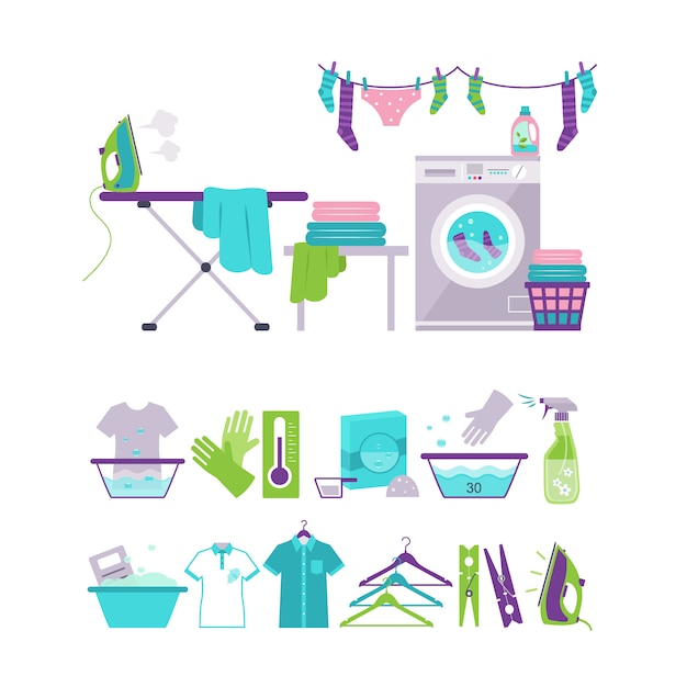 Vector colored washing and laundry elements in flat style illustration set