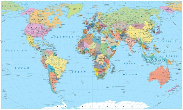 Vector colored world map borders countries roads and cities