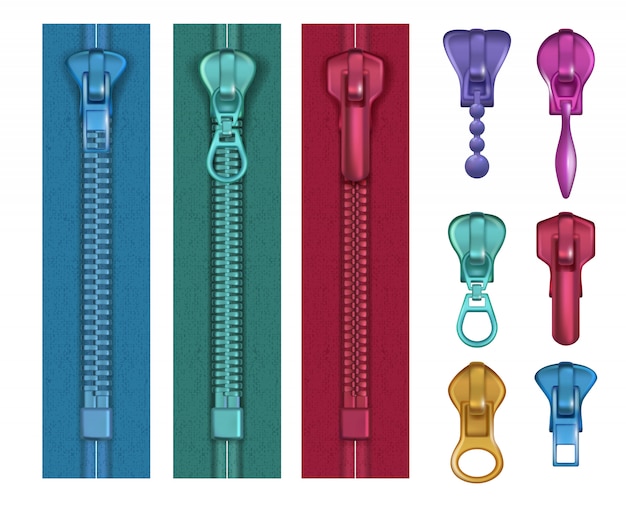 Vector colored zipper. fashioned locks and buckles handback bungee puller realistic pictures