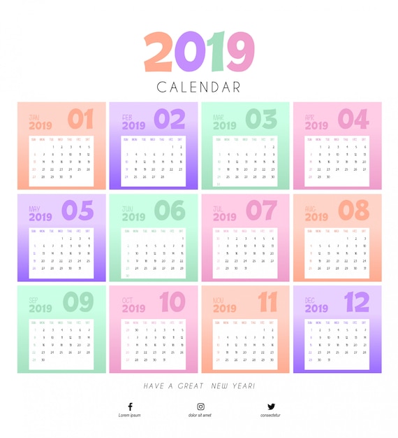 Vettore modello di disegno del calendario colorato 2019