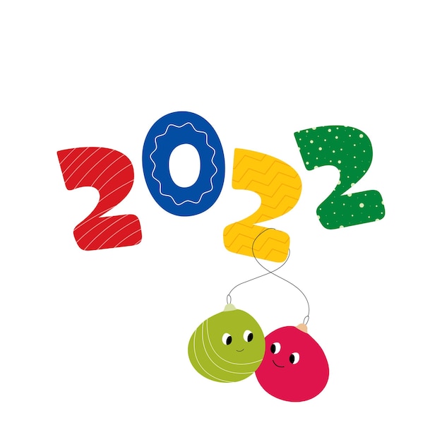 Colorful 2022 number with funny baubles hang on white background for happy new year celebration.