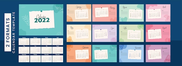 Colorato modello di calendario annuale 2022 in due formati.