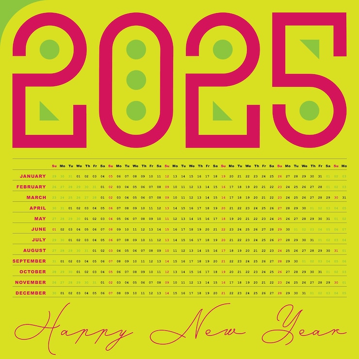 Vector colorful 2025 calendar modern design yellow pink