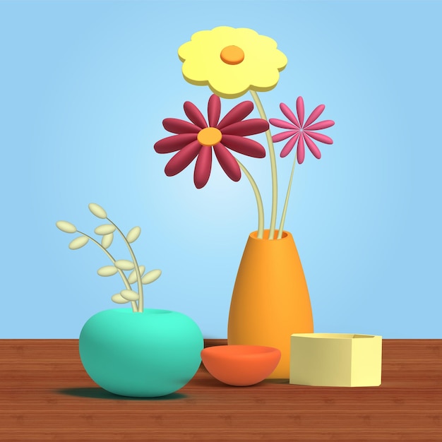 Vector colorful 3d cartoon style blooming flower