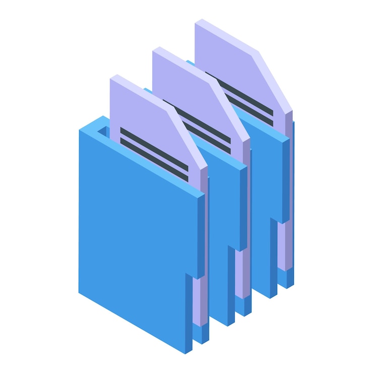 Vector colorful 3d isometric illustration of three blue file folders concept for organization and data storage
