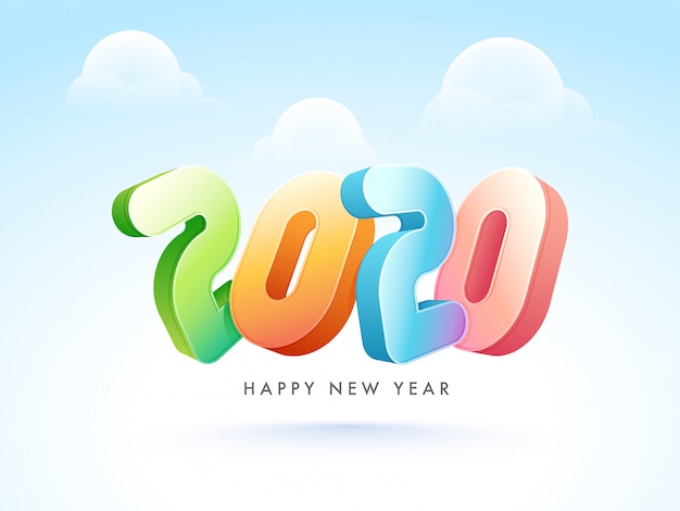 新年あけましておめでとうございますお祝いの青と白の雲にカラフルな3dテキスト2020。グリーティングカード 。