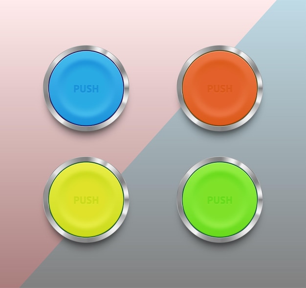 Colorful 3d vector illustrator rubber buttons set with chrome frame for website or apps