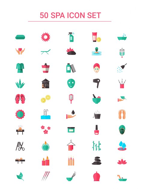 Vector colorful 50 spa icon set in flat style.