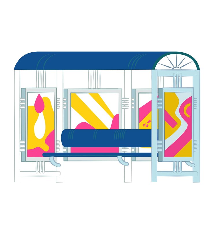 Vector colorful abstract art on subway train interior empty metro carriage seats with vibrant posters