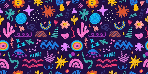 Vector colorful abstract hand drawn shapes and doodle objects elements vector seamless pattern