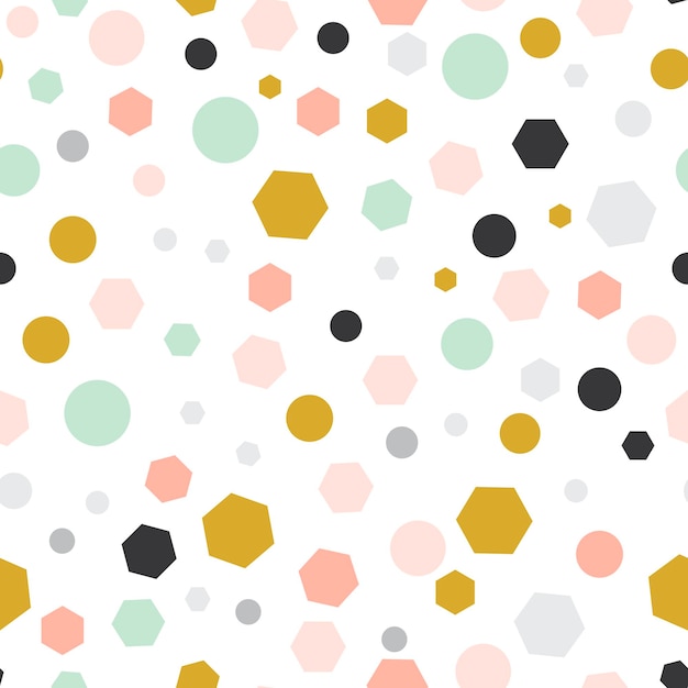 Colorful abstract messy seamless pattern with geometric shapes. Circles, six angles, dots.