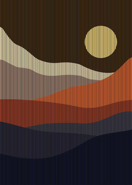 colorful abstract mountain and big moon at night with vertical line art technique