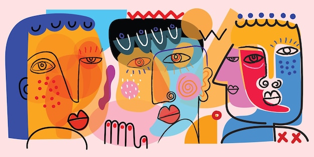 Vettore persone astratte colorate affrontano ritratti come forme geometriche e creative del cubismo arte murale vettoriale