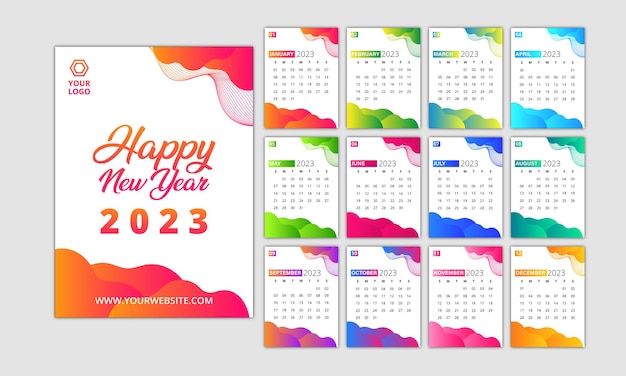 Colorful abstract shapes and Gradient 2023 calendar template