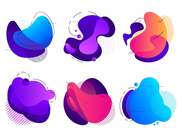 Vector colorful abstract shapes, saturated fluid gradients flux, organic shape with lines and dotted patterns