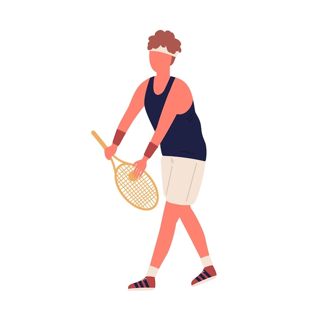 라켓과 공 벡터 플랫 삽화를 들고 있는 다채로운 활동적인 남성 큰 테니스 선수. 봉사 위치에 서 있는 스포츠 의류를 입은 남자는 흰색으로 격리된 타격을 준비합니다. 훈련 중 스포츠맨입니다.