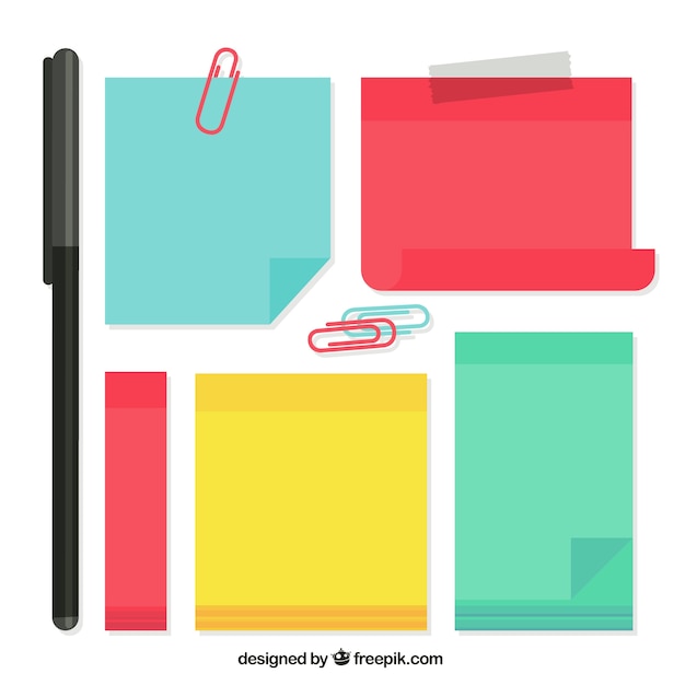 Vector colorful adhesive notes with some clips and pen