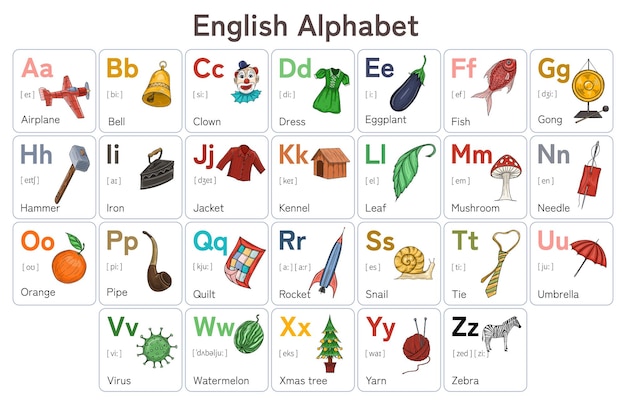 귀여운 일러스트 세트가 있는 다채로운 알파벳입니다. 유치원 및 학교 교육 개념