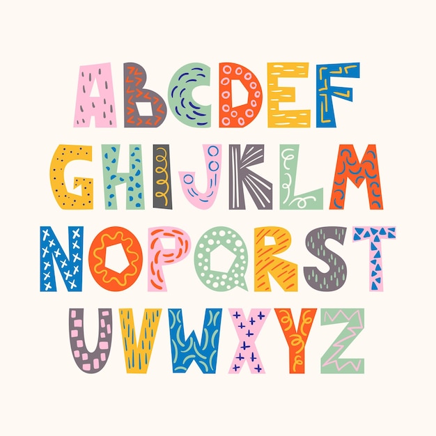 Colorful alphabet with decorative doodle elements Cutout childish letters collection