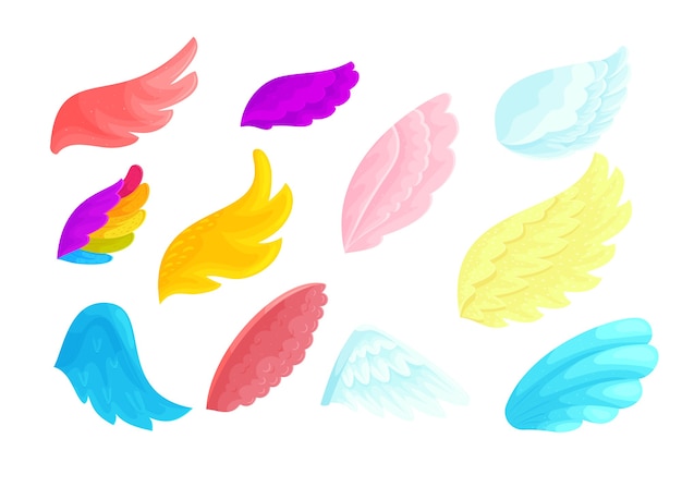 화려한 천사와 요정 날개 만화 삽화 세트. 무지개 색상, 빨간색과 분홍색 마법의 새가 비행을위한 신체 부위. 파란색과 노란색 깃털 날개는 흰색 배경에 고립