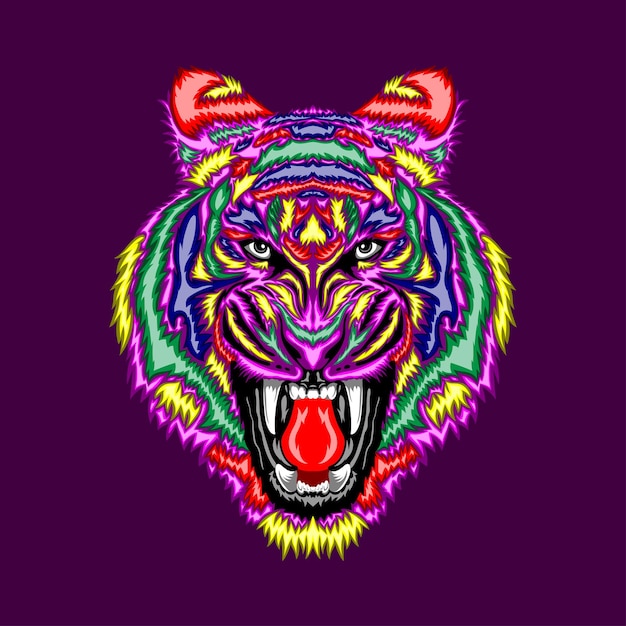 Красочный портрет головы злого тигра в стиле поп-арт