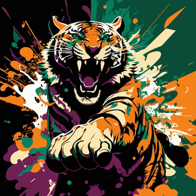 Colorful angry tiger pop art vector illustration